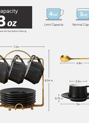 Lareina 3-Ounce Porcelain Espresso Cups Set of 6, Stackable Coffee Cups with Saucers, Spoons and Metal Stand, Ceramic Demitasse Mugs, Espresso Accessories for Machine, Black