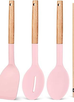 Pack of 4 Silicone Cooking Utensils Set, Non Stick Solid Spatulas and Heat Resistant Slotted Spoons with Wooden Handle, Ideal Wood Kitchen Utensils Set for Frying,Serving,Turning,Stirring (PINK)