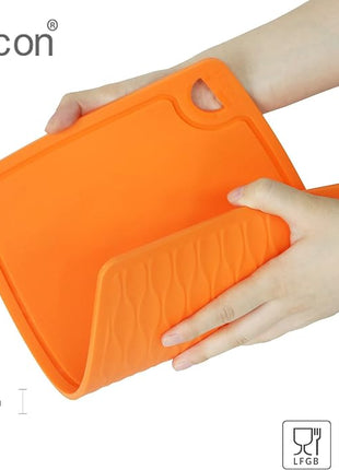 Liflicon Thick Silicone Cutting Boards for Kitchen Silicone Chopping Boards/Mats Set of 2 Extra Large14.6''x10.43'', Mini 9.1”x7.1” Non-slip Deep Drip Juice Groove, Dishwasher Safe-Orange