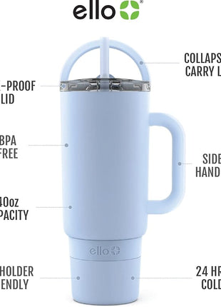 Ello Port 40oz Tumbler with Carry Loop & Integrated Handle, Vacuum Insulated Stainless Steel Reusable Water Bottle, Travel Mug with Leak Proof Lid & Straw for Iced Coffee & Tea, Halogen Blue