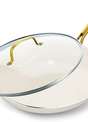 GreenPan Swift 12" Ceramic Nonstick Frying Pan Skillet with Lid, PFAS & PFOA-Free Healthy Cooking, Gold Stainless Steel Handle, Versatile Cooking Essentials, Dishwasher & Oven Safe, Cream