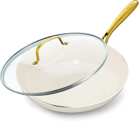 GreenPan Swift 12" Ceramic Nonstick Frying Pan Skillet with Lid, PFAS & PFOA-Free Healthy Cooking, Gold Stainless Steel Handle, Versatile Cooking Essentials, Dishwasher & Oven Safe, Cream