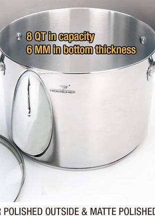 HOMICHEF Stock Pot 8 Quart with Lid Nickel Free Stainless Steel - Mirror Polished Stockpot 8 QT with Lid - HEALTHY COOKWARE Stockpots 8 Quart - Soup Pot for Induction Cooktop