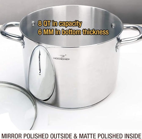 HOMICHEF Stock Pot 8 Quart with Lid Nickel Free Stainless Steel - Mirror Polished Stockpot 8 QT with Lid - HEALTHY COOKWARE Stockpots 8 Quart - Soup Pot for Induction Cooktop