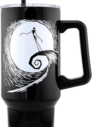 Silver Buffalo Disney Nightmare Before Christmas by Tim Burton Jack Skellington Hill and Moon Drawing Stainless Steel Tumbler with Handle and Straw, Fits in Standard Cup Holder, 40 Ounces