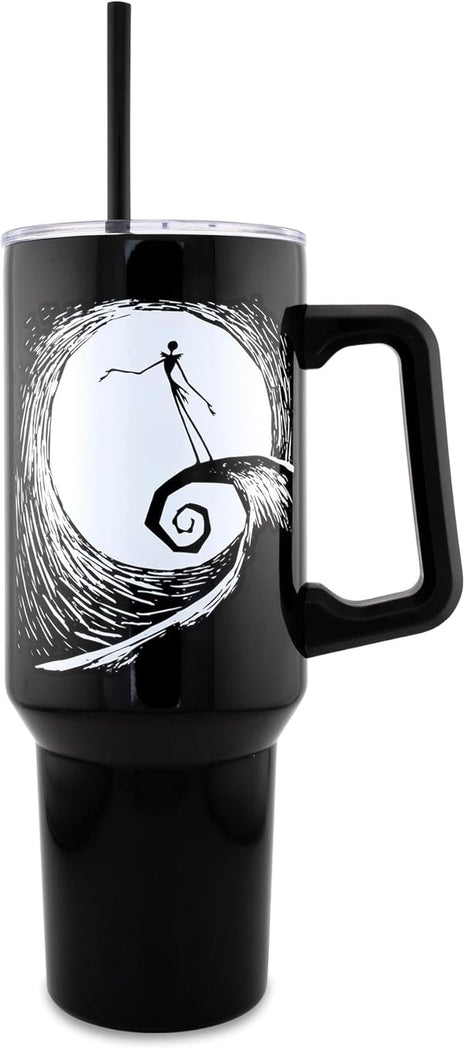 Silver Buffalo Disney Nightmare Before Christmas by Tim Burton Jack Skellington Hill and Moon Drawing Stainless Steel Tumbler with Handle and Straw, Fits in Standard Cup Holder, 40 Ounces