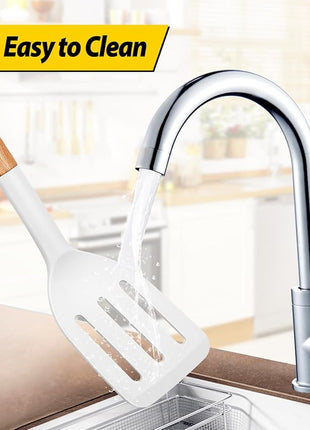 Pack of 2 Silicone Cooking Spatula, Heat Resistant Solid Turner, Non Stick Slotted Spatulas with Wooden Handle,Ideal Wood Kitchen Utensils Set for Frying, Baking, Flipping, Turning (WHITE)