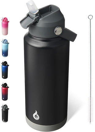 BJPKPK Water Bottle with Straw Lid, 32oz Vacuum Insulated Water Bottles, Metal Stainless Steel Thermo for Sports, Travel, BPA Free Leak Proof Thermo, Cups, Flasks, Tumblers,Black