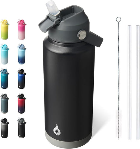 BJPKPK Water Bottle with Straw Lid, 32oz Vacuum Insulated Water Bottles, Metal Stainless Steel Thermo for Sports, Travel, BPA Free Leak Proof Thermo, Cups, Flasks, Tumblers,Black