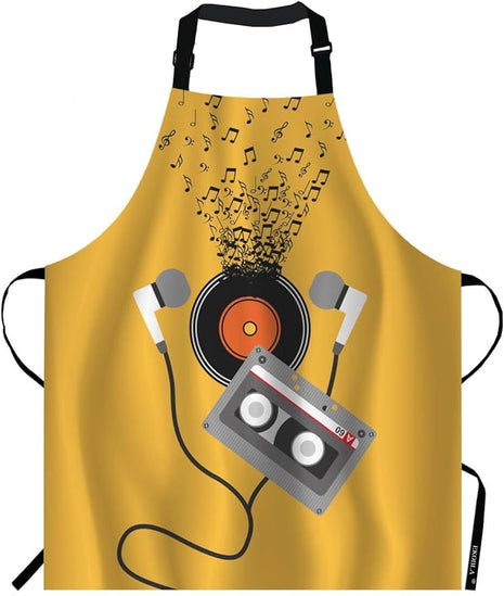 EKOBLA Cassette Aprons Abstract Art Music Concept Design Melody Notes Player Earphone Waterproof Resistant Chef Cooking Kitchen BBQ Adjustable Aprons for Women Men 27x31 Inch