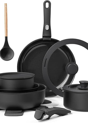 Ceramic Nonstick Cookware Set, Healthy,Non Toxic,17-Pieces Pots and Pans Set Removable Handles,Induction RV Kitchen Set,Stain & Scratch-resistant,Dishwasher/Oven Safe,PFAS/PFOA Free,Black