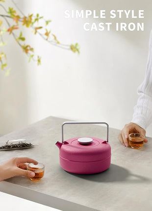 Toptier Teapot with Removable Infuser, Cast Iron Tea Kettle Stovetop Safe, Solid Geometry Cylinder Design Tea Pot Coated with Enameled Interior for 27 Ounce (800 ml), Rose Red