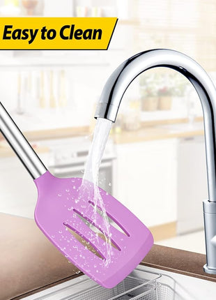 Pack of 2 Silicone Solid Turner, Non Stick Slotted Kitchen Spatulas, High Heat Resistant BPA Free Cooking Utensils, Ideal Cookware for Fish, Eggs, Pancakes(Purple)
