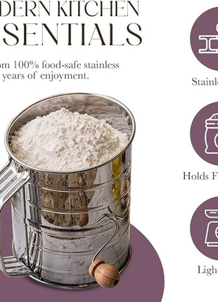 Bellemain 3 Cup Flour Sifter for Baking Fine Mesh Rotary Hand Crank with Loop Agitator for Quick Sifting, Flour Sifter Stainlees Steel