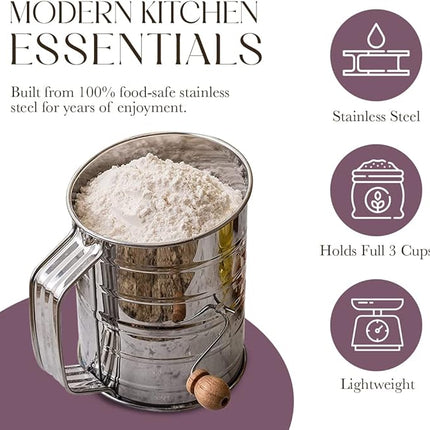 Bellemain 3 Cup Flour Sifter for Baking Fine Mesh Rotary Hand Crank with Loop Agitator for Quick Sifting, Flour Sifter Stainlees Steel
