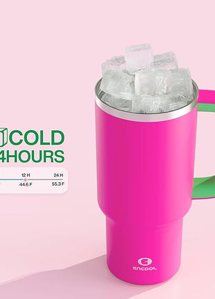 32 oz Tumbler with Handle and Straw: Stainless Steel Insulated Tumbler Keeps Cold for 24 Hours, Leakproof Travel Cup Fits in Cup Holder and BPA-Free,Knockout Pink