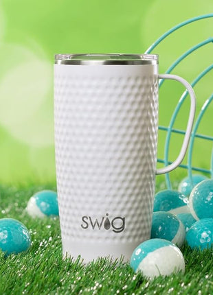 Swig Life 22oz Travel Mug, Insulated Tumbler with Handle and Lid, Cup Holder Friendly, Dishwasher Safe, Stainless Steel, Travel Coffee Cup, Insulated Mug with Lid (Golf Ball)