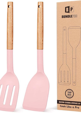 Pack of 2 Silicone Cooking Spatula, Heat Resistant Solid Turner, Non Stick Slotted Spatulas with Wooden Short Handle,Ideal Wood Kitchen Utensils Set for Frying, Baking, Flipping, Turning