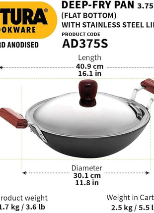 Hawkins Futura 3.75 Litre Deep Fry Pan, Hard Anodised Kadai with Stainless Steel Lid, Flat Bottom Kadhai, Black (AD375S)