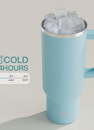 ENCOOL 40 oz Tumbler with Handle and Straw: Stainless Steel Insulated Tumbler Keeps Cold for 24 Hours, Leakproof Travel Cup Fits in Cup Holder and BPA-Free,Pewter Blue