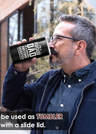 SANDJEST 4-in-1 Dad Tumbler Gifts for Dad from Daughter - 12oz Funny Proud Dad Can Cooler Tumblers Cup - Stainless Steel Insulated Cans Coozie Travel Mug Christmas, Birthday, Father's Day Gift