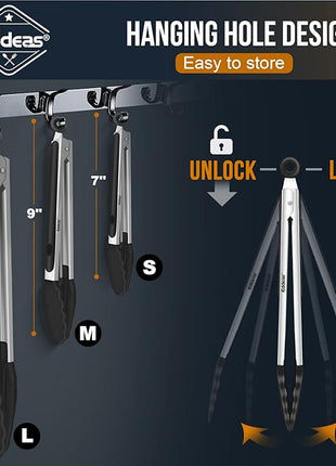 Kitchen Tongs with Silicone Tips, Tongs for Cooking Heat Resistant 600 Degrees Stainless Steel Locking Tong - 7" 9" & 12 inch Silicone Tong Non-Stick, Black Set of 3