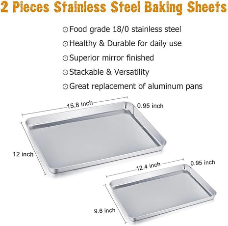 TeamFar Baking Sheet Cookie Sheet Set of 2, Pure Stainless Steel Baking Pan Tray Professional, Non Toxic & Healthy, Mirror Finish & Rust Free, Easy Clean & Dishwasher Safe