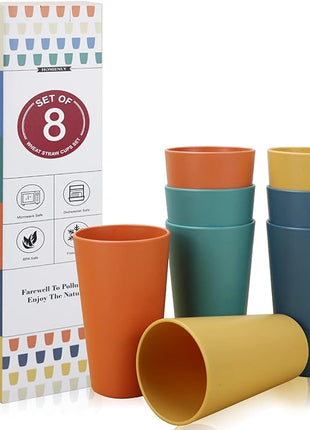 Homienly Wheat Straw Cups Plastic Cups Unbreakable Drinking Cup Reusable Dishwasher Safe Water Glasses Plastic Stackable Water Tumblers in Multi color(20 OZ 8 PCS)