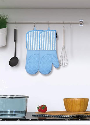 Silicone Oven Mitts Heat Resistant 932℉ with Waterproof & Non-Slip Kitchen Mittens, Set of 2 Extra Long Oven Gloves with Soft Cotton Terry Lining for Baking Cooking Barbecue (2, Blue Mitts)