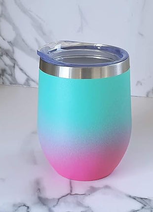 CHILLOUT LIFE 12 oz Stainless Steel Wine Tumbler with Lid - Double Wall Vacuum Insulated Wine Cup Glass Keeping Cold & Hot for Coffee, Champagne, Cocktails, Ice Cream - Powder Coated Aqua Blue/Pink