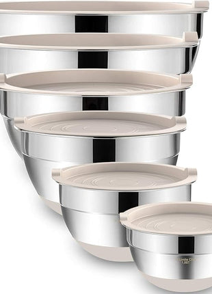 Umite Chef Mixing Bowls with Airtight Lids, 6 piece Stainless Steel Metal Nesting Storage Bowls, Non-Slip Bottoms Size 7, 3.5, 2.5, 2.0,1.5, 1QT, Great for Mixing & Serving (Khaki)