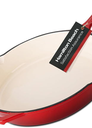 Hamilton Beach Enameled Cast Iron Fry Pan 12-Inch Red, Cream Enamel Coating, Skillet Pan for Stove Top and Oven