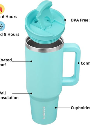BJPKPK 40 oz Stainless Steel Tumbler With Handle Insulated Tumblers With 2 Straw Travel Coffee Mug With Lid,Turquoise