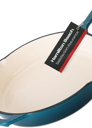 Hamilton Beach Enameled Cast Iron Fry Pan 12-Inch Navy, Cream Enamel Coating, Skillet Pan For Stove top and Oven, Even Heat Distribution, Durable