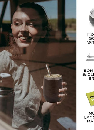 BALIBETOV 5 pcs large Yerba Mate Cup and Bombilla Kit, Includes one 12 oz Yerba Mate Gourd with Lid, Two Bombillas Mate Straw and one cleaning brush | Stainless steel | Double Walled