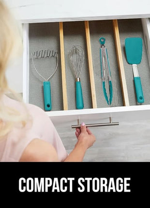 GORILLA GRIP Stainless Steel Heat Resistant Kitchen Tongs for Cooking, 9 + 12 Inch, Set of 2 BBQ Tong, Non Scratch Silicone Tip for Pan, Strong Grip, Grab Food, Salad, Air Fryer, Pull Lock, Turquoise