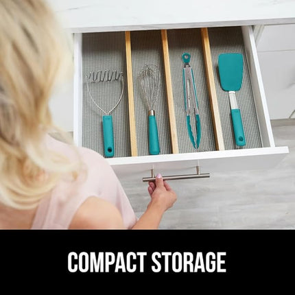 GORILLA GRIP Stainless Steel Heat Resistant Kitchen Tongs for Cooking, 9 + 12 Inch, Set of 2 BBQ Tong, Non Scratch Silicone Tip for Pan, Strong Grip, Grab Food, Salad, Air Fryer, Pull Lock, Turquoise