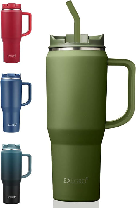 40 oz Tumbler with Handle, Insulated Tumblers with Lid and Straw, Large Metal Sports Water Bottle Jug, Thermal Stainless Steel Travel Coffee Mug Cup, Army Green