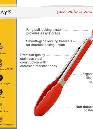 Silicone Cooking Tongs 9-Inch Serving Tongs, Set of 3 (Red)