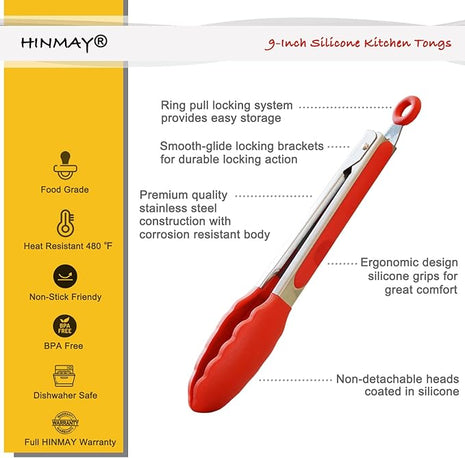 Silicone Cooking Tongs 9-Inch Serving Tongs, Set of 3 (Red)