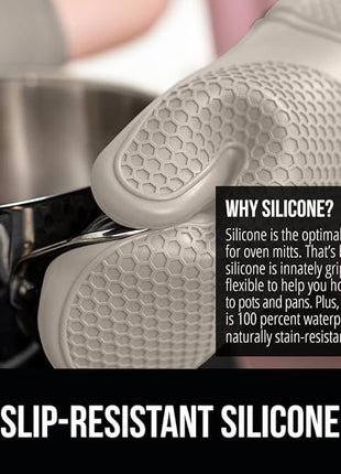 GORILLA GRIP BPA-Free Soft Silicone Oven Mitts, 14.5x8.3, Heat Resistant and Waterproof Cooking Gloves, Thick Cotton Lining, Flexible Gripping for Baking Grilling, Kitchen Potholders Set of 2, Almond