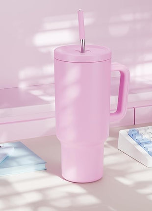 Meoky 40 oz Tumbler with Handle and Straw: Stainless Steel Insulated Tumbler with Lid and Straw - 100% Leak Proof Tumbler for Car Cup Holders - Travelers Commuters Workers, Pink