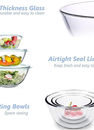WhiteRhino Glass Mixing Bowls Glass Bowls with Lids Set(4.5QT,2.7QT, 1.1QT),Large Salad Bowls,glass mixing bowl Space-Saving Nesting Storage bowls for Cooking,Baking,Prepping,Dishwasher Safe