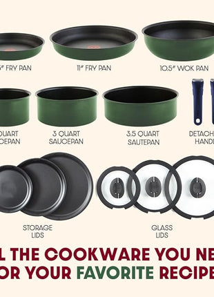 T-fal Ingenio Expertise Non Stick Cookware Set 14 Piece, Induction, Oven Broiler Safe 500F, Cookware, Pots and Pans Set, RV, Camping, Frying Pans, Dishwasher Safe, Detachable/Removable Handle, Green