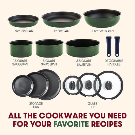 T-fal Ingenio Expertise Non Stick Cookware Set 14 Piece, Induction, Oven Broiler Safe 500F, Cookware, Pots and Pans Set, RV, Camping, Frying Pans, Dishwasher Safe, Detachable/Removable Handle, Green