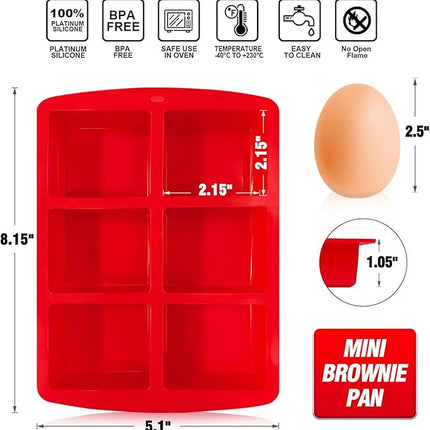 Walfos Mini Silicone Brownie Pan - 2 Piece 6-Cavity Non-stick Square Baking Pan, Perfect for Mini Brownies, Cornbread, Muffin and Cakes, BPA Free and Dishwasher Safe
