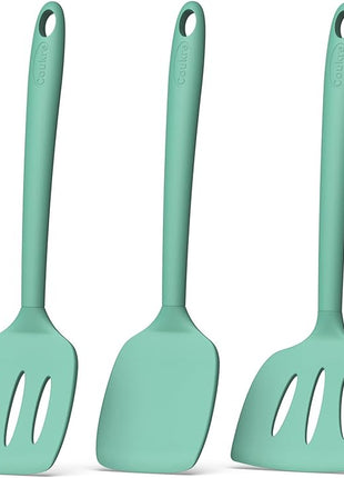 Coukre 3 Pack Silicone Spatula Set, High Heat Resistant, BPA-Free, Fish Spatula, Solid & Slotted Turner for Non-Stick Pans, Flipping Eggs, Pancakes, Fish, Burgers (3, PureAquaGreen)