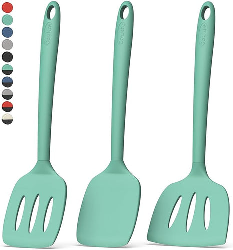 Coukre 3 Pack Silicone Spatula Set, High Heat Resistant, BPA-Free, Fish Spatula, Solid & Slotted Turner for Non-Stick Pans, Flipping Eggs, Pancakes, Fish, Burgers (3, PureAquaGreen)