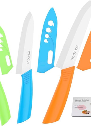 WACOOL Ceramic Knife Set 3-Piece (6-inch Chef's Knife, 5-inch Utility Knife,4-inch Fruit Paring Knife), with 3 Knife Sheaths for Each Blade (Colorful Handle)