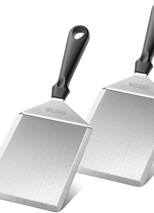 HULISEN Stainless Steel Spatula 2 pcs, 6 x 5 Inch Large Metal Spatula with Cutting Edges, Griddle Spatula for Smashed Burger, Essential Flat Top Grill Accessories, Grill Spatula for Outdoor Grill